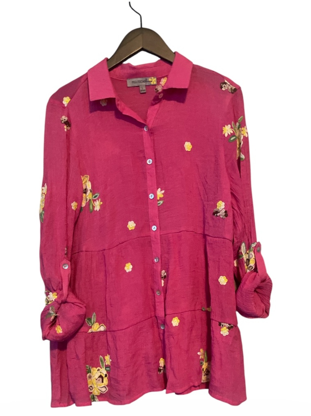 Figueroa  Fuchsia Button-Front Tunic with Yellow Floral Embroidery